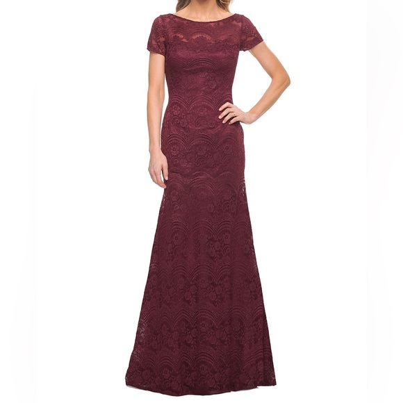 La Femme Burgundy Lace Short Sleeve Bateau Garnet Dress Trumpet Gown 26875